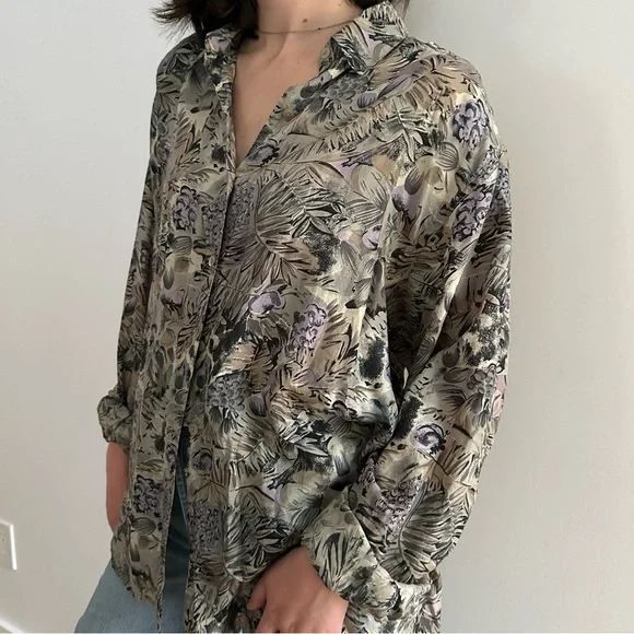 VINTAGE EVIDENCE 100% SILK PATTERNED  BLOUSE - M - Picture 8 of 16